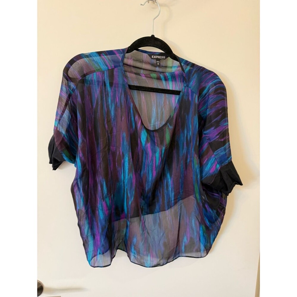 Express Sheer V-Neck Blouse - Purple, Blue, Black Brushstroke